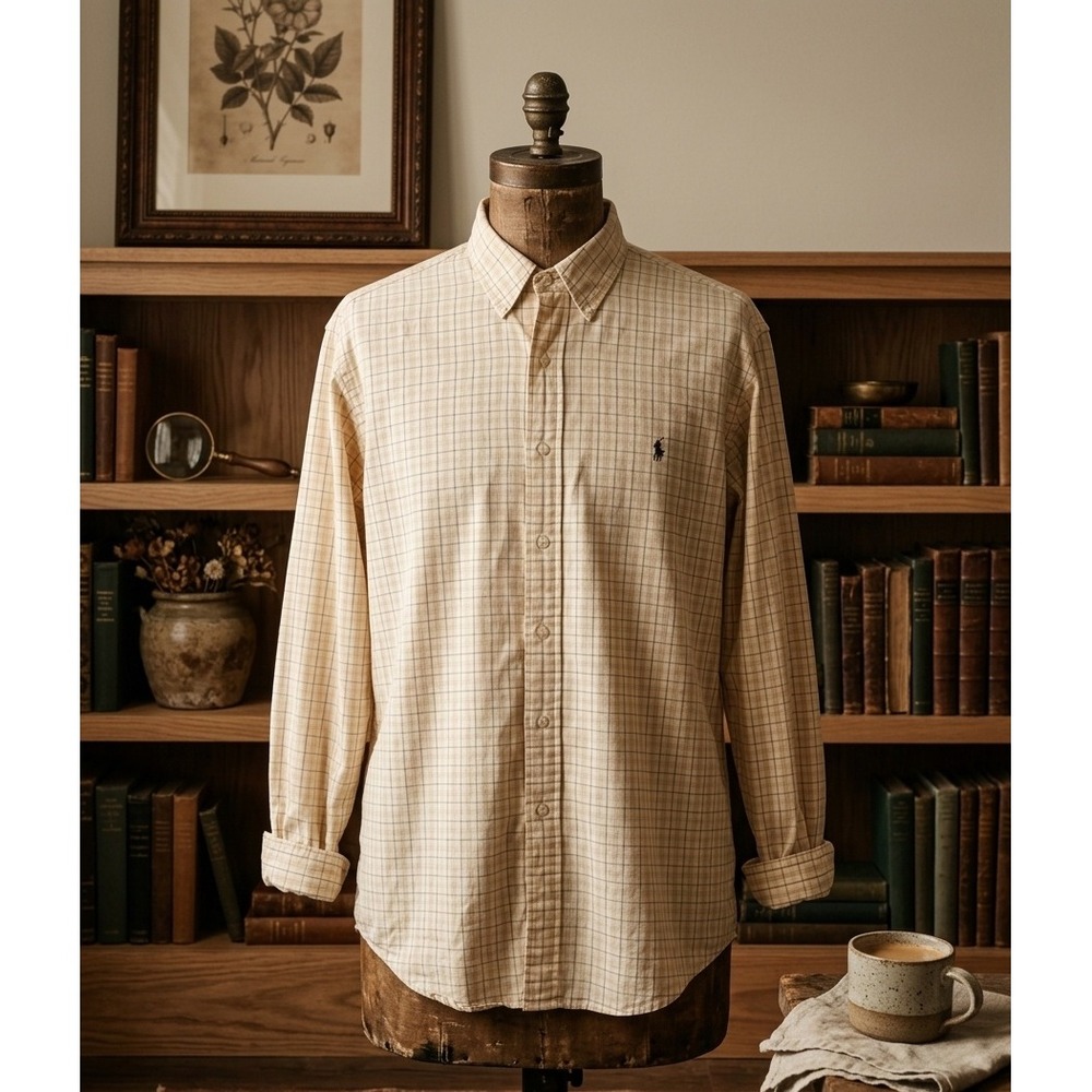 Quiet Luxury Ralph Lauren Plaid Button Down Shirt Tan Cream XL Classic Fit - Picture 1 of 10